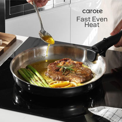 CAROTE 12pcs Pots and Pans Set, Stainless Steel Cookware Set Detachable Handle, Induction Kitchen Cookware Sets with Removable Handle, RV Cookware Set, Oven Safe, Camping Cookware, Pure Black