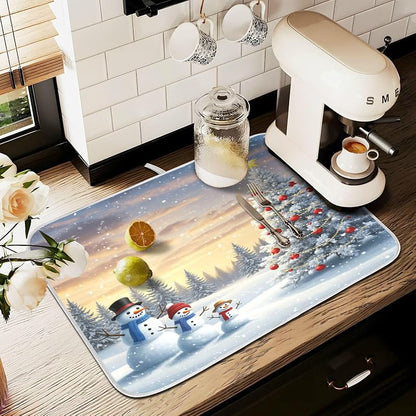 Christmas Tree and Snowman Dish Drying Mat - 18 x 16 Inch, Absorbent Microfiber Pad