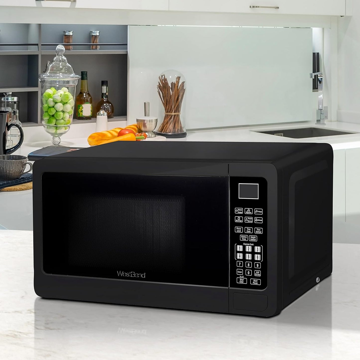 West Bend Microwave Oven - 700 Watts Compact Design with 6 Pre-Set Cooking Settings | 0.7 Cu.Ft., Black