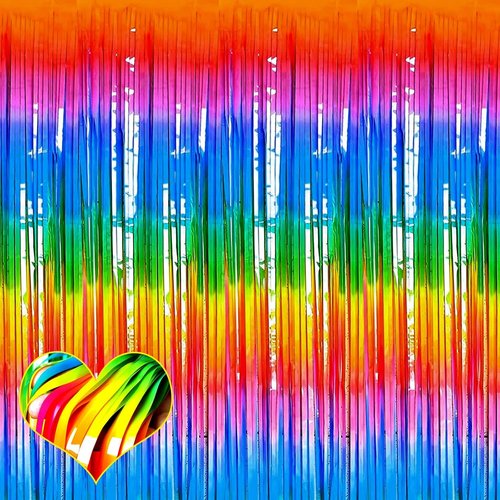 Dark Rainbow Fringe Curtain Backdrop by [Brand Name] - 4 Pack Metallic Tinsel Streamers | 3.2Ft x 9.8Ft for Parties & Events