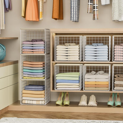 Skiennix Stackable Closet Organizers - Durable Storage Bins with Wood Top | White Metal, 3-Piece Set