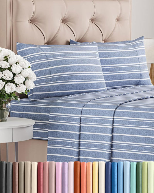 Queen Size 4 Piece Sheet Set - Comfy Breathable & Cooling Bed Sheets Set - Hotel Luxury Bedding for Women, Men, Kids, Teens, Boys & Girls - Deep Pockets, Soft, Wrinkle Free - Oeko-Tex - Blue Stripes 3