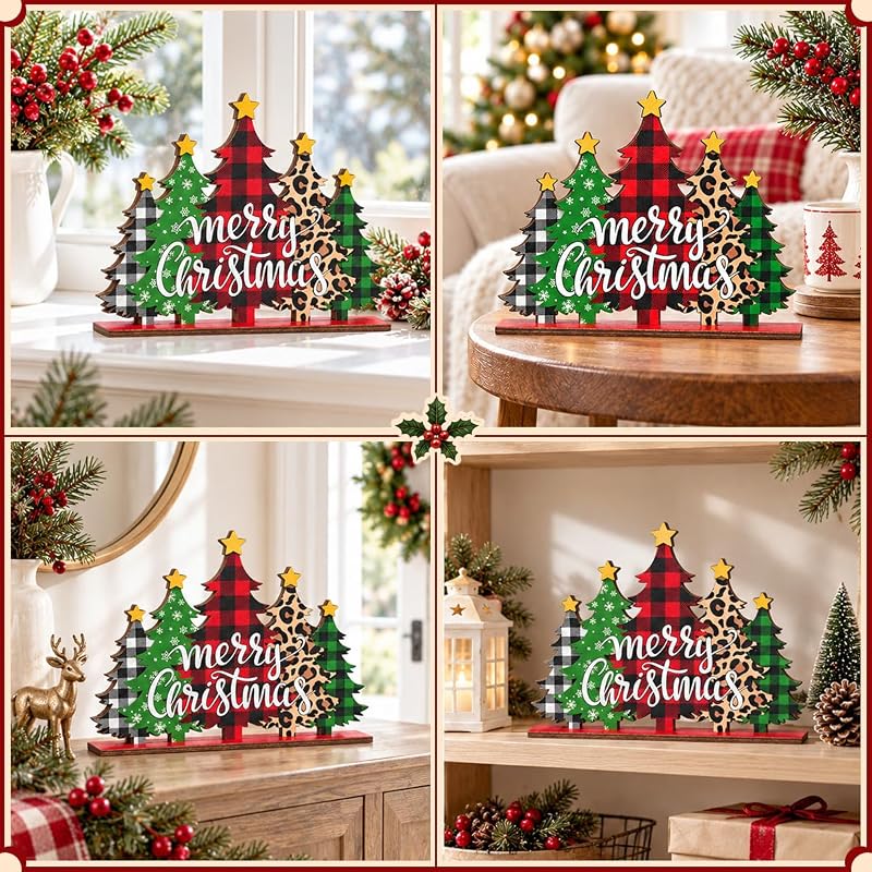 Five-Tree Christmas Sign - Buffalo Plaid & Leopard Print Wooden Christmas Decoration - Variation: Christmas1