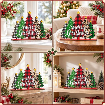 Five-Tree Christmas Sign - Buffalo Plaid & Leopard Print Wooden Christmas Decoration - Variation: Christmas1