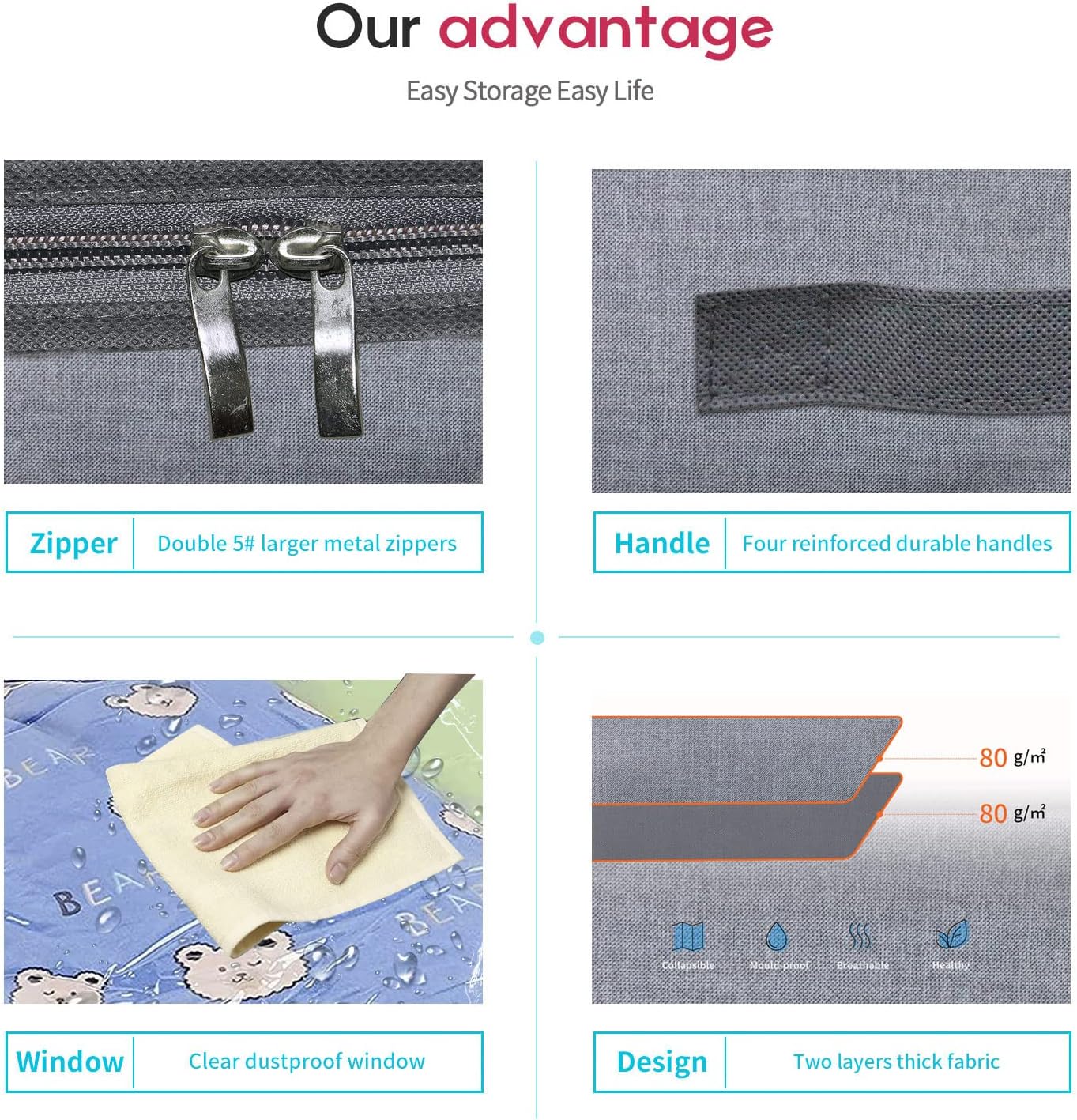 Onlyeasy Foldable Underbed Storage Bags - Breathable Organizer for Blankets & Clothes, 39.4x19.7x5.9 in, Linen-like Grey