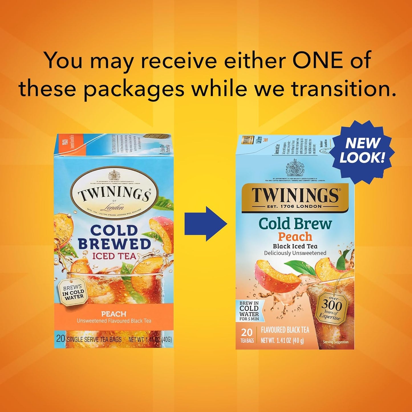 Twinings Peach Cold Brew Iced Tea Bags - Unsweetened Flavored Black Tea, Caffeinated | 20 Count (Pack of 6)