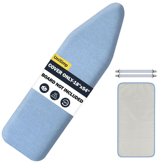 UniSimp Ironing Board Cover and Pad 18"x54" Extra Thick Natural Cotton, Scorch and Stain Resistant Iron Board Cover, Extra Large Iron Board Cover with Fasteners Heavy Duty Heatproof Elastic Edge Blue
