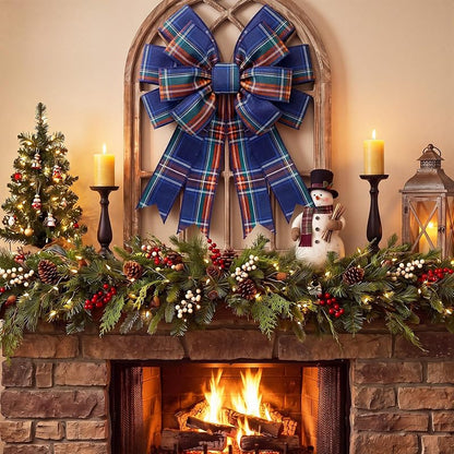 Navy Blue Plaid Wreath Bow, 17.7 x 14.5 in | Large Tartan Burlap Christmas Decor - Variation: Navy Blue