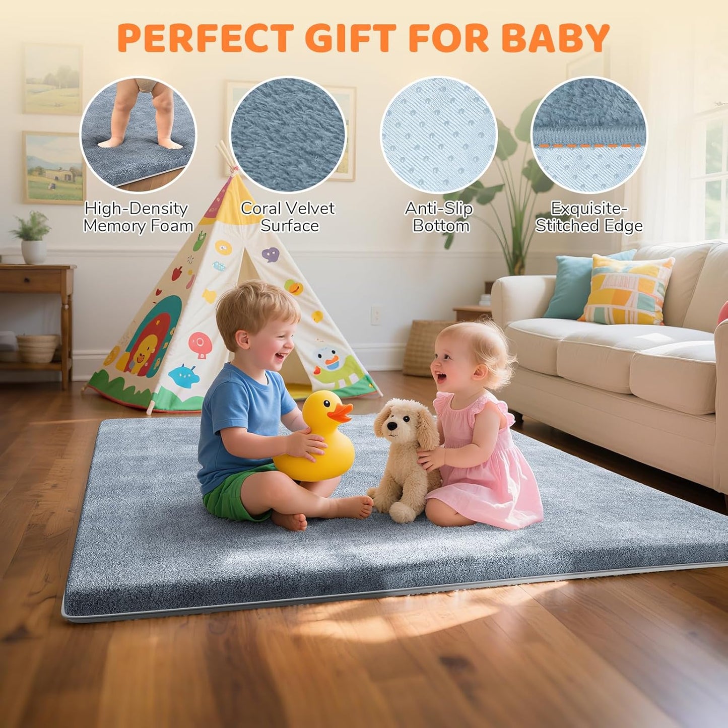 Omzer Baby Play Mat | 1.3" Thick Foam, 65x50 Inch, Soft Coral Velvet, Non-Slip Crawling Pad - Grey
