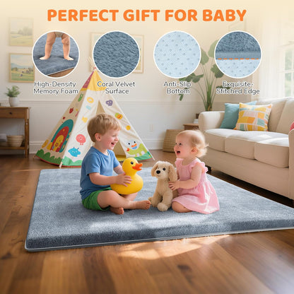 Omzer Baby Play Mat | 1.3" Thick Foam, 65x50 Inch, Soft Coral Velvet, Non-Slip Crawling Pad - Grey
