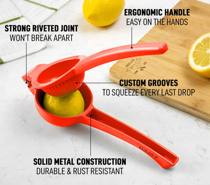 Zulay Premium Quality Metal Lemon Squeezer, Citrus Juicer, Manual Press for Extracting the Most Juice Possible - Red