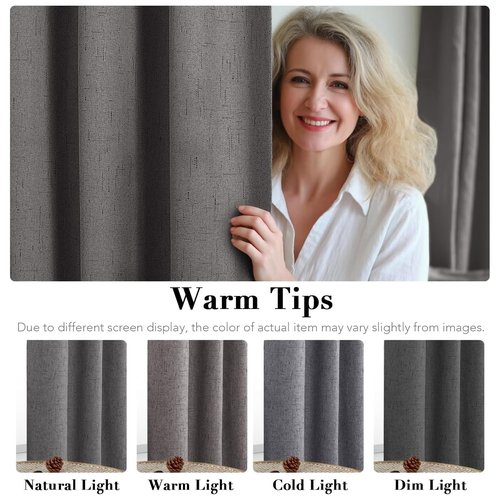 H.VERSAILTEX Linen Curtains 100% Blackout Curtains for Bedroom 90 inch Long Full Light Blocking Nature Linen Blended Window Curtains for Living Room Nickel Grommet (2 Panels, Grey)