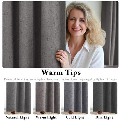 H.VERSAILTEX Linen Curtains 100% Blackout Curtains for Bedroom 90 inch Long Full Light Blocking Nature Linen Blended Window Curtains for Living Room Nickel Grommet (2 Panels, Grey)