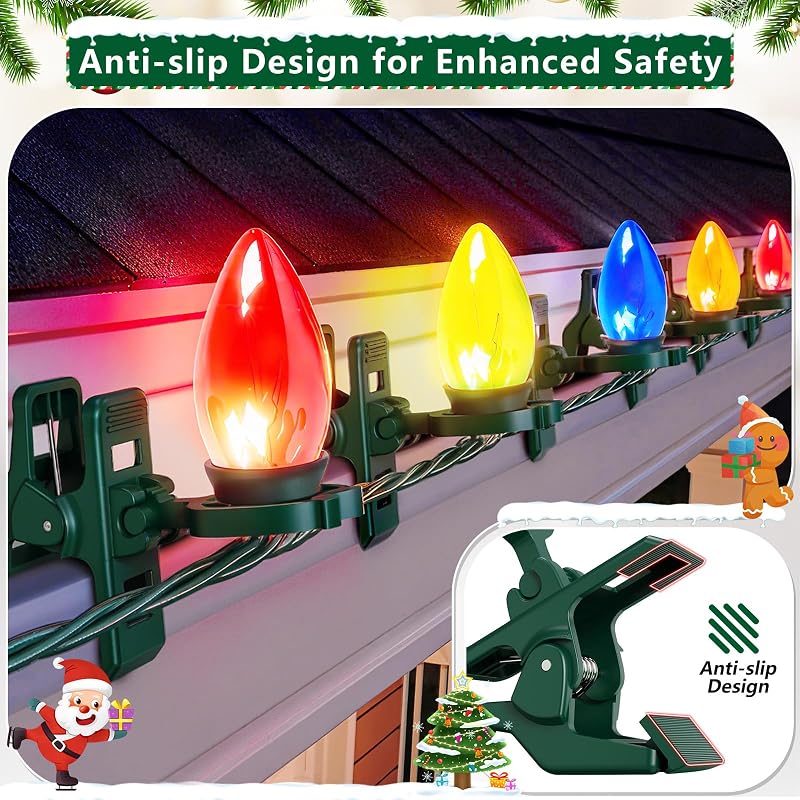 Green 100 Pack KJX Large C7/C9 Christmas Light Spring Clips for Gutters & Roofs