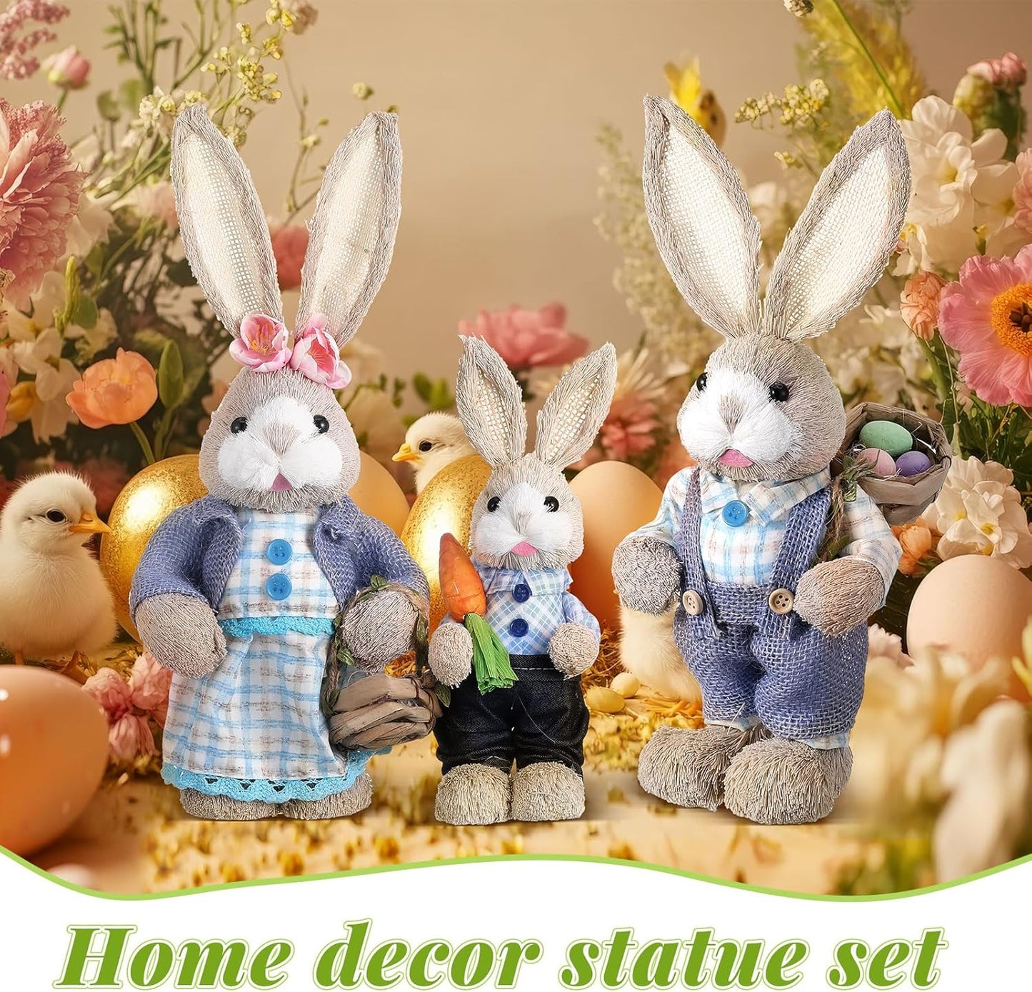 Wesiti Easter Bunny Decorations - Set of 3 Natural Sisal Figurines | 13.8" & 9.8" for Spring Home Decor