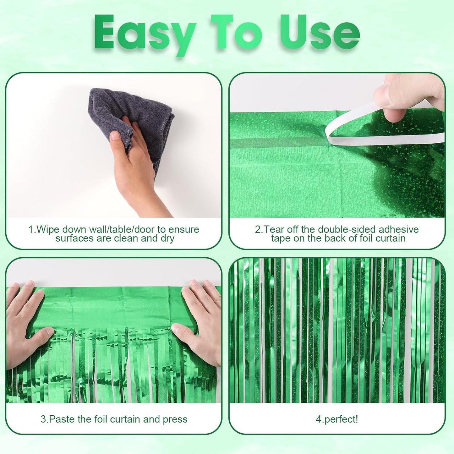 Voircoloria Laser Green Foil Fringe Backdrop Curtains - 3 Pack Tinsel Streamers for Parties & Events