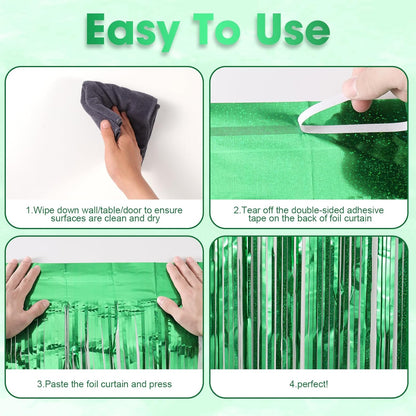 Voircoloria Laser Green Foil Fringe Backdrop Curtains - 3 Pack Tinsel Streamers for Parties & Events