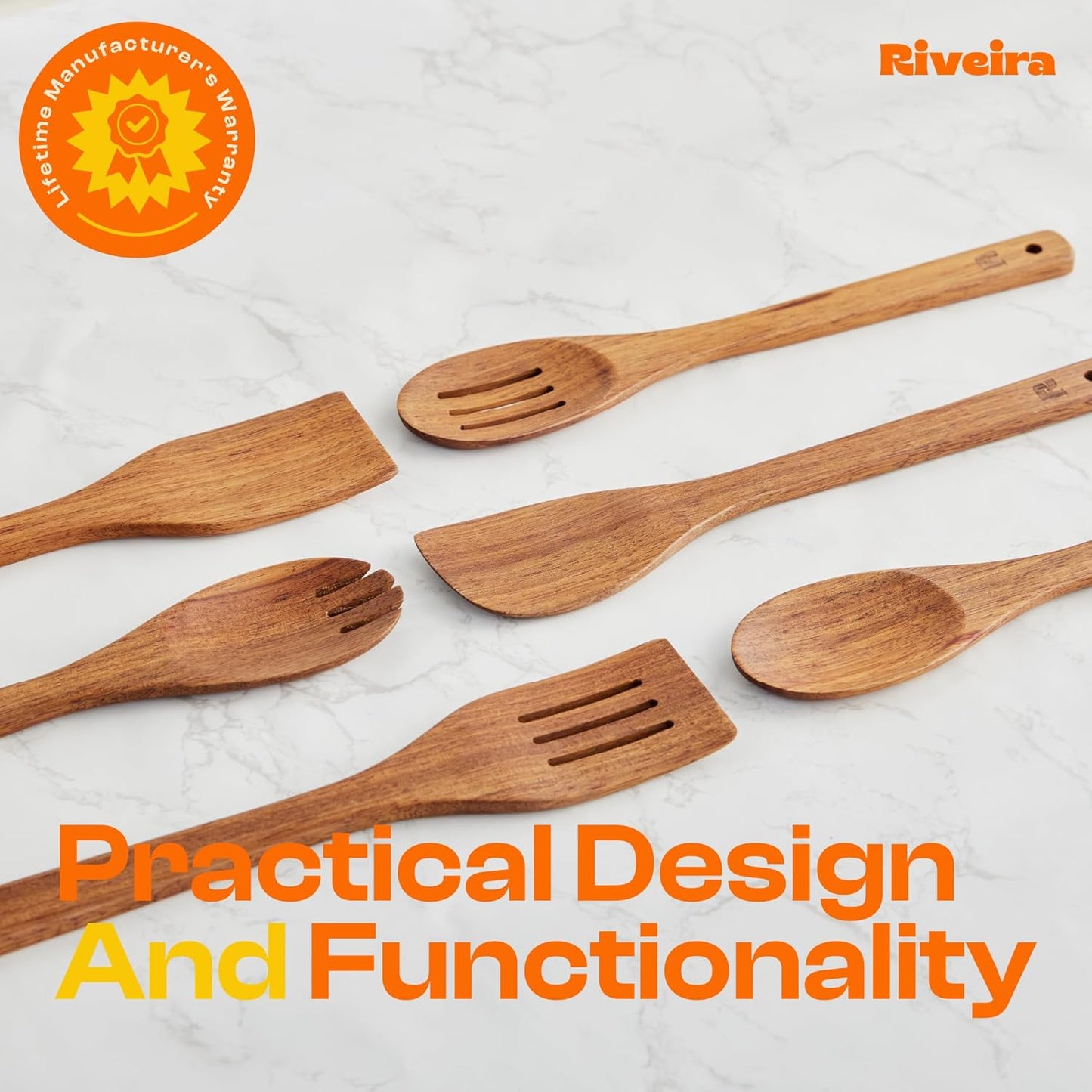 Riveira Teak Wooden Cooking Spoons Set of 6 - Premium Natural Teak Utensils for Non-Toxic Cooking