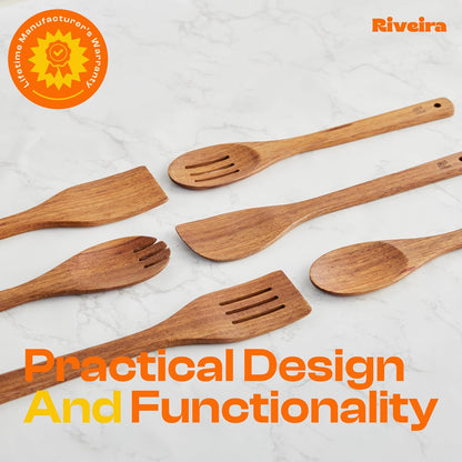 Riveira Teak Wooden Cooking Spoons Set of 6 - Premium Natural Teak Utensils for Non-Toxic Cooking