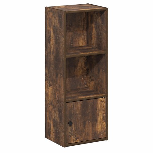 Furinno LUDER Book Shelf, 3-Tier Bookshelf with Open Shelf, Standing Bookcase with 1 Door Cabinet, 9.3 x 12 x 31.5, for Organization and Storage, for Living Room, Bedroom, Home Office, Amber Pine