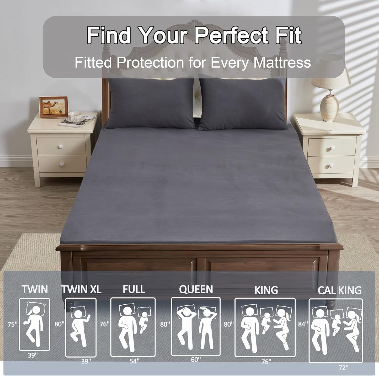 Skiennix Twin Mattress Protector - Waterproof Fitted Cover with 18" Deep Pocket | Noiseless & Breathable, Dark Gray (39" x 75")