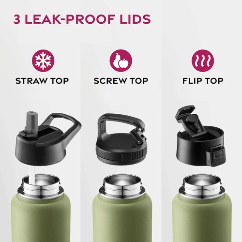 FineDine Stainless Steel Insulated Water Bottle - 32 Oz | Keeps Drinks Hot or Cold - Army Green