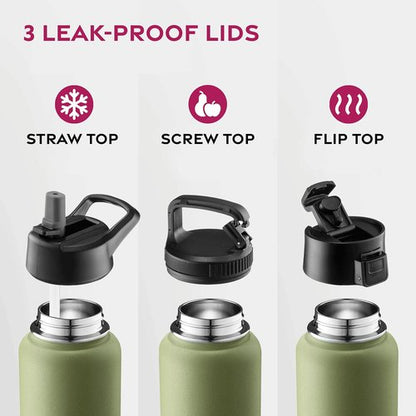 FineDine Stainless Steel Insulated Water Bottle - 32 Oz | Keeps Drinks Hot or Cold - Army Green
