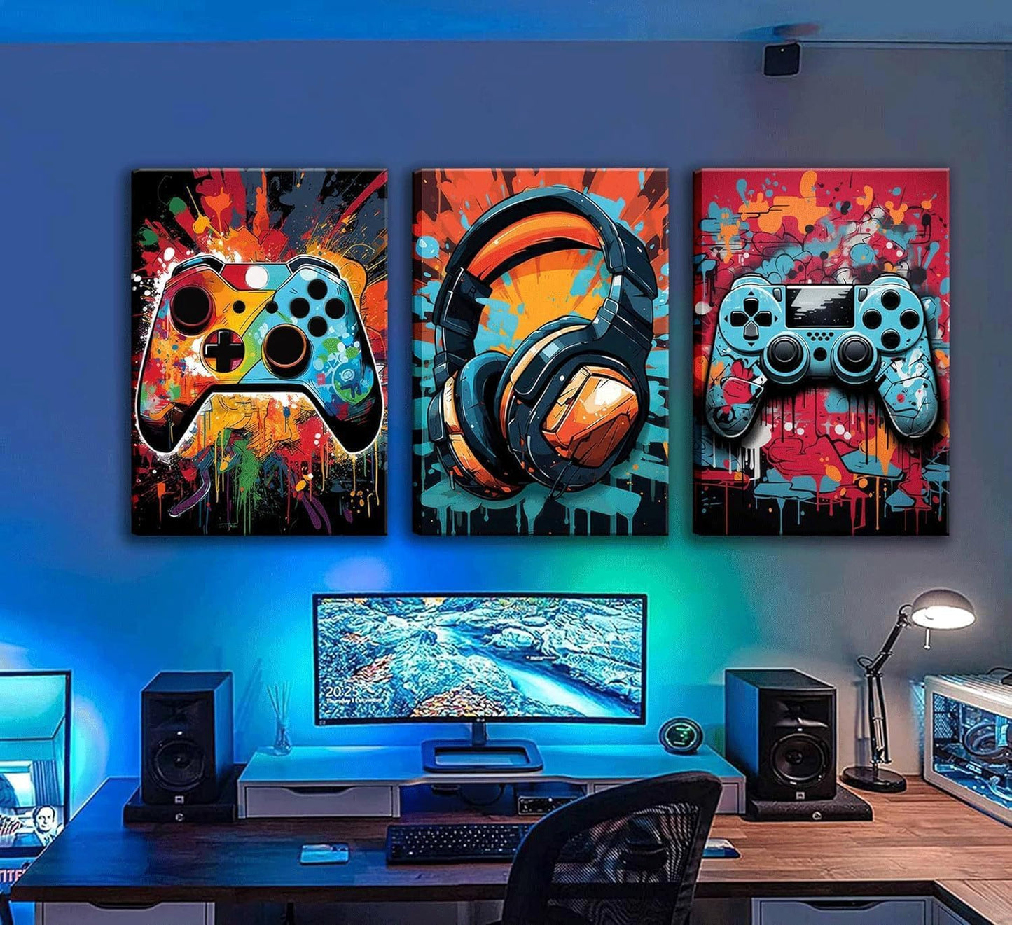 Skiennix Retro Video Game Wall Art - 3Pcs Colorful Neon Gamepad Canvas Prints | 16x24in Ready to Hang