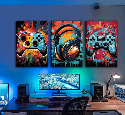 Skiennix Retro Video Game Wall Art - 3Pcs Colorful Neon Gamepad Canvas Prints | 16x24in Ready to Hang