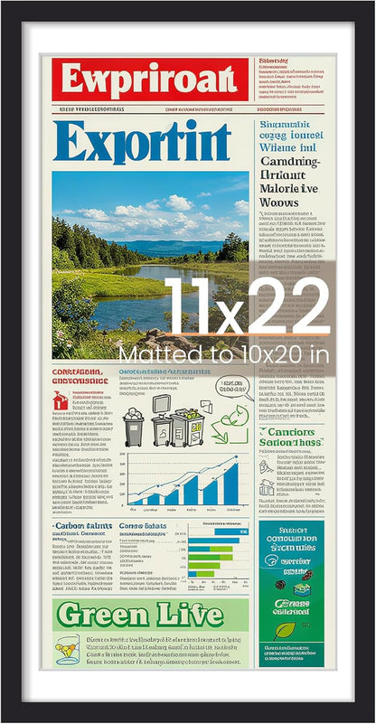 Upsimples 11x22 Newspaper Frame - Display 10x20 Pictures with Mat or 11x22 Without | Black, 1 Pack