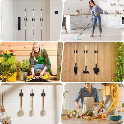 Skiennix Broom Holder Wall Mount - Heavy-Duty Stainless Steel Mop Hanger with Screws | 4-Piece Set (Black)