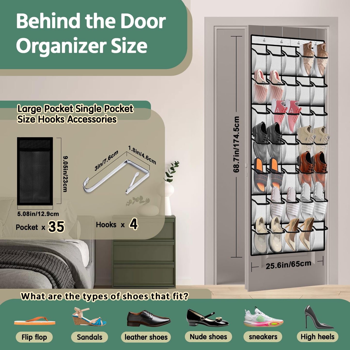 PAULONE 35 Pocket Over the Door Shoe Organizer,Reusable Breathable Large Mesh Bag Men's & Women's Sneaker Organizer,Shoe Organizer for Kids,Hanging Shoe Storage Hanging Bag (White, 35-Slot)