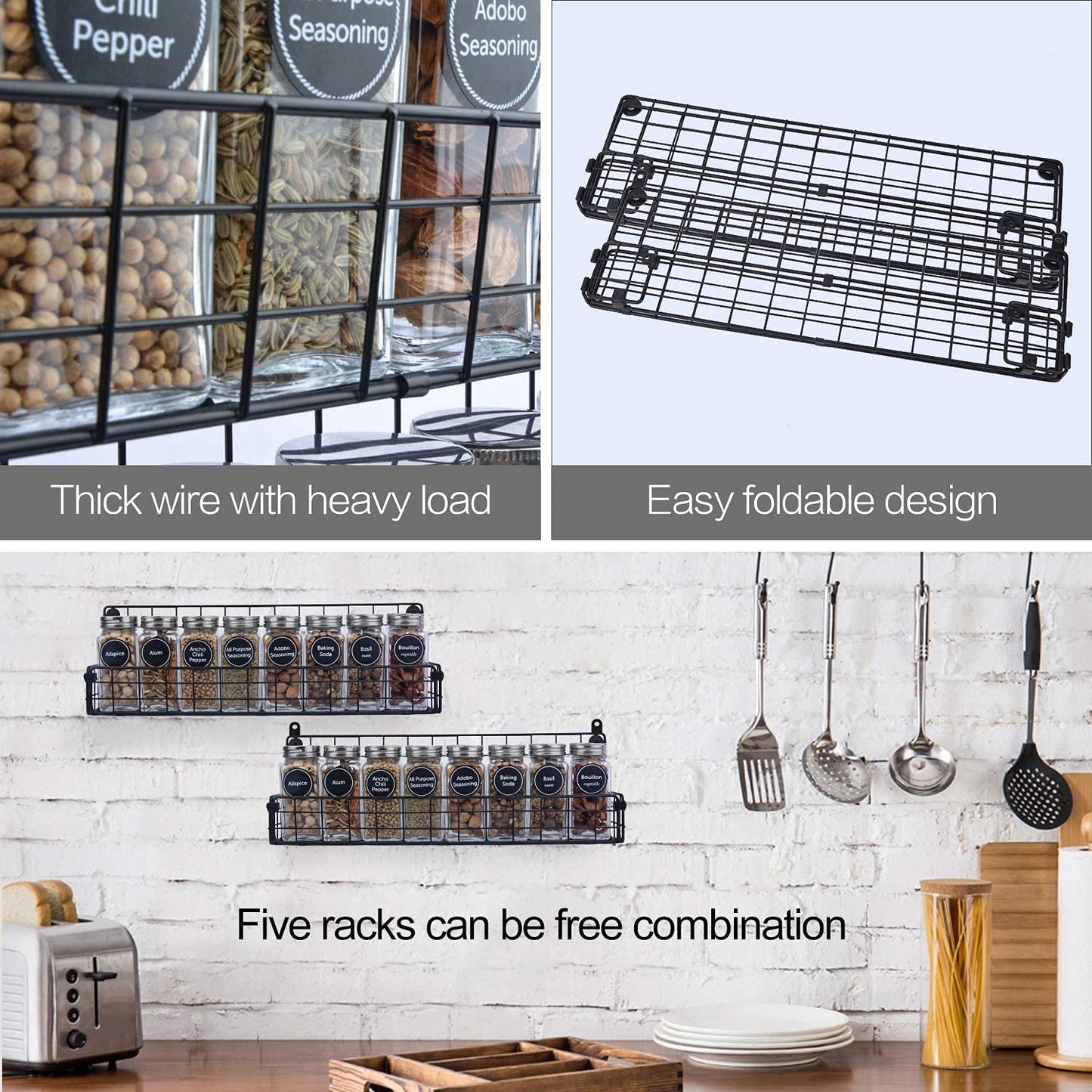 X-cosrack Spice Rack Organizer, 5-Tier Wall Spice Rack, Stackable Hanging Spice Jars Storage Racks, Great for Kitchen and Pantry, Up to Storage 48 Jars(Patent No.:D909138S)