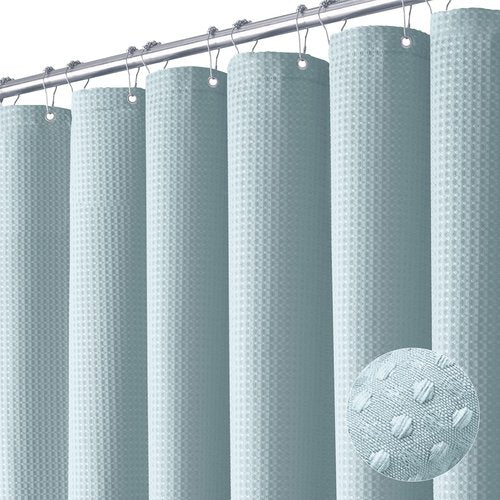 Dynamene Extra Wide Shower Curtain - 84 Inch Wide Waffle Weave Weighted Thick Cloth Bathroom Shower Curtain, Neutral Heavy Duty Hotel Bath Curtain Set with 14 Plastic Hooks, 84x72, Fog Blue