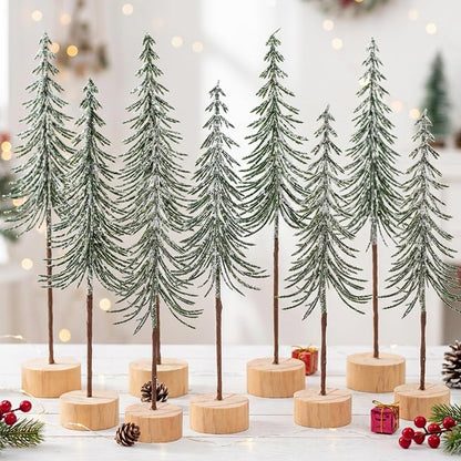 9 Pcs Mini Alpine Christmas Trees Set - Green & White Snow Decor, 12.5in, 12in, 10.5in Variation Green+1in