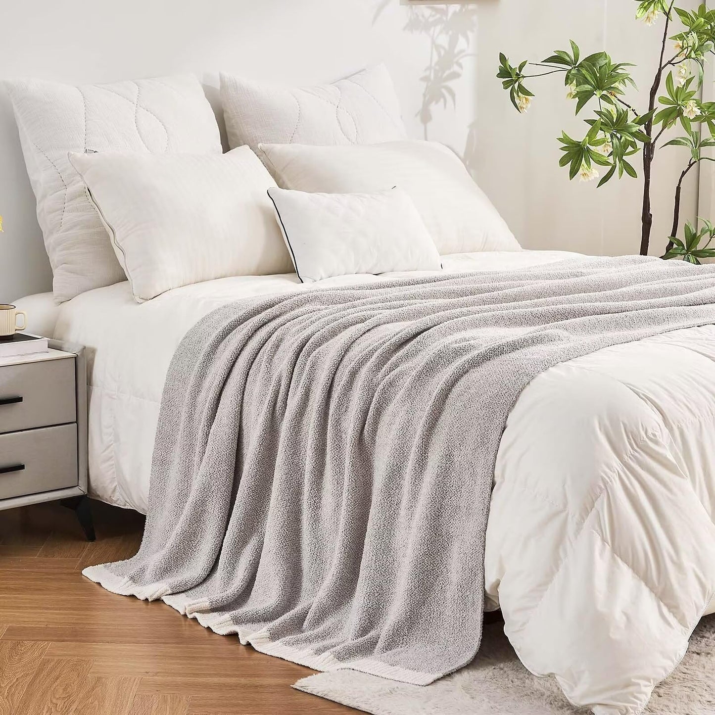 XIBLC Light Grey Throw Blanket for Couch, Soft Fluffy Reversible Super Cozy Knitted Blankets Fluffy Warm Throws Fuzzy Plush Lightweight Throw Blankets for Sofa, Bed, Living Room 60 x 80 Inch