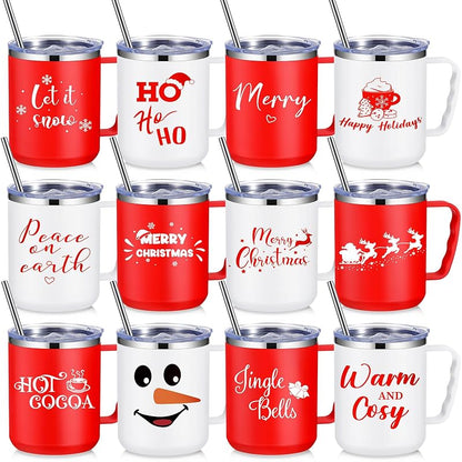 Umigy 12-Piece 17oz Christmas Coffee Mugs Set with Lids & Straws - Variation: Cute