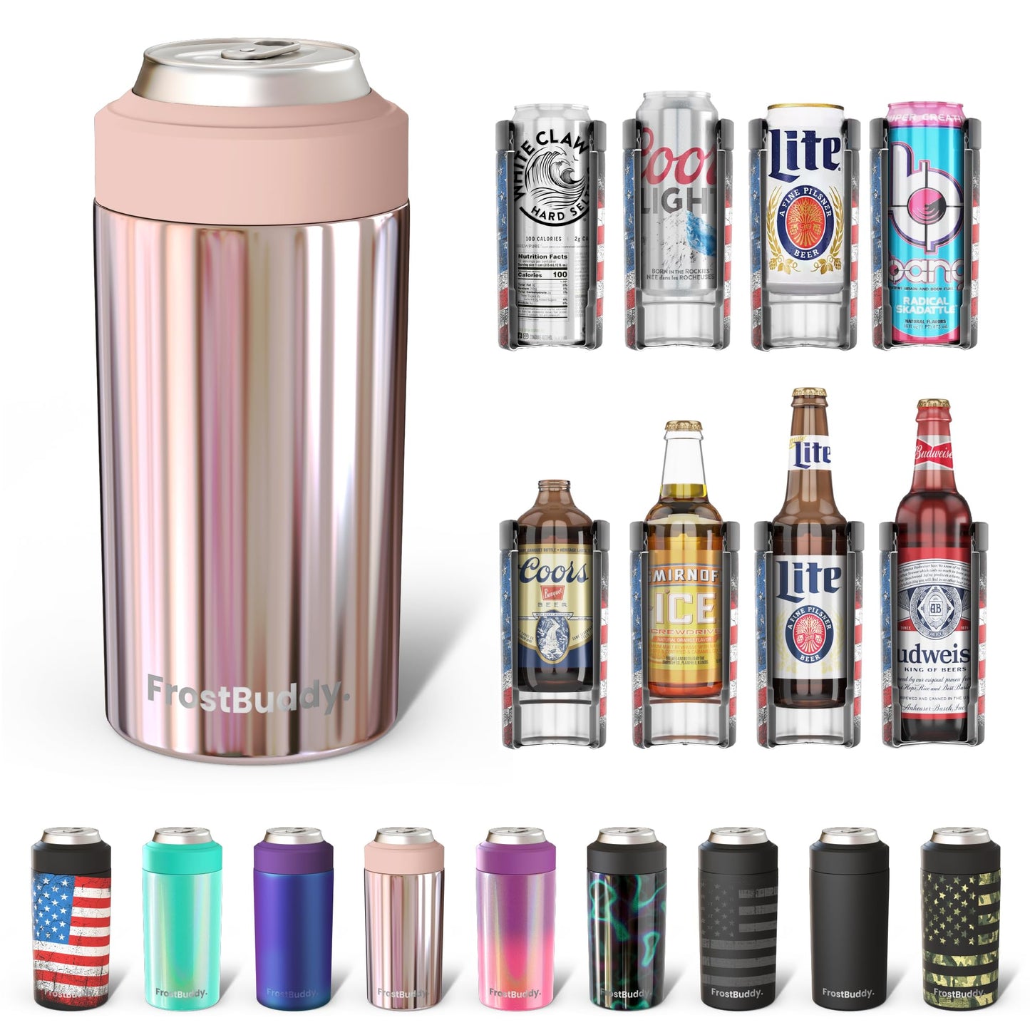 Frost Buddy Universal Can Cooler - Fits all - Stainless Steel Can Cooler for 12 oz & 16 oz Regular or Slim Cans & Bottles - Stainless Steel