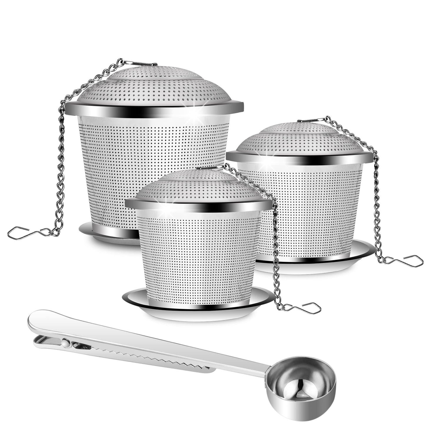 Numola Loose Leaf Tea Infuser Set, Reusable Stainless Steel Tea Balls, Fine Mesh Tea Strainers for Loose Tea with Scoop and Drip Trays, Tea Steeper with Extented Chain Hook for Tea Lovers