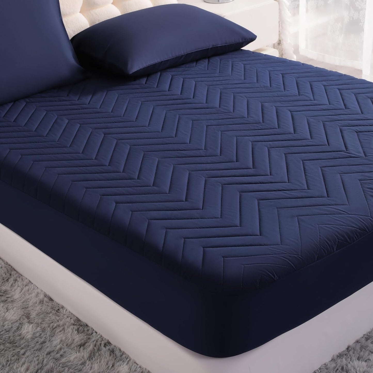 NTBAY Waterproof Mattress Protector - Quilted Twin Fitted Cover with 15" Deep Pocket | Soft, Breathable, Machine Washable - Navy Blue