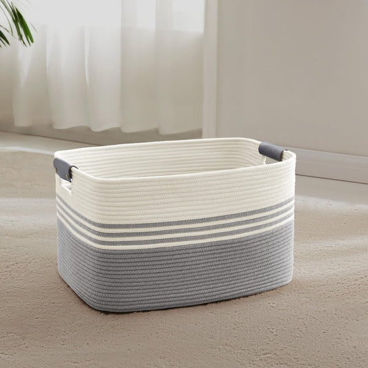 SunNewt 45L Small Laundry Basket with Leather Handles for Living Room Storage, Woven Rope Baskets Bin for Blanket, Kids Toy, Gifts, Wicker Hamper for Bedroom Dirty Clothes, 18"x14"x11" White Grey