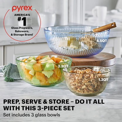 Pyrex Colors Tinted Mixing Bowls Set - Sculpted Glass with Plastic Lids | 3-Pack Nesting Bowls (1.3QT, 2.3QT, 4.5QT)