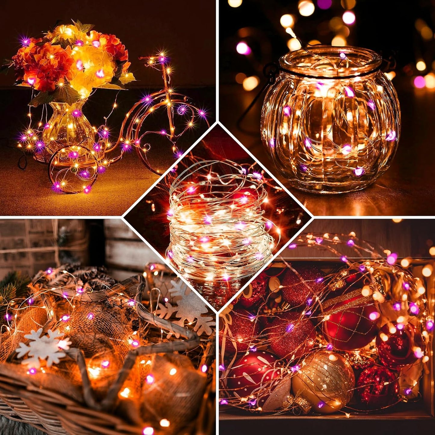 Skiennix 24 Pack Fairy Lights - 7Ft 20 LED Twinkle String Lights | Battery Operated & Waterproof for Mason Jar Decor, Parties & Weddings in Orange & Purple