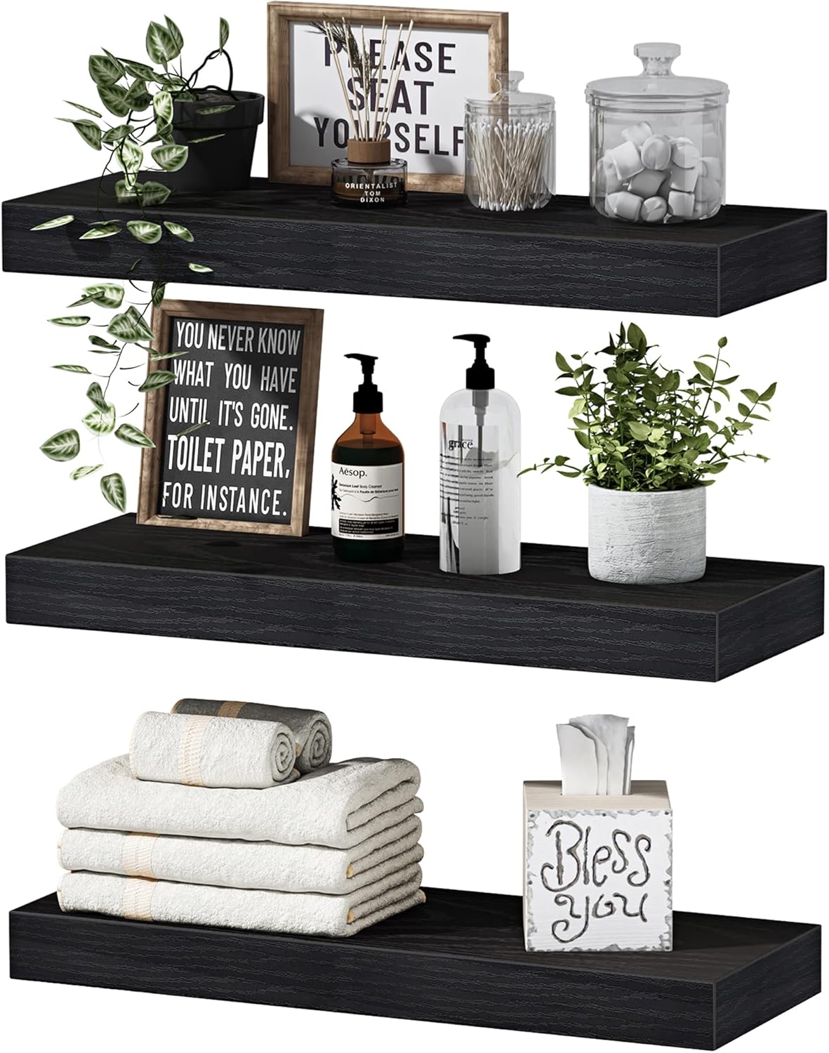 QEEIG Floating Shelves - Stylish Wall Storage for Bathroom, Bedroom & Kitchen | Set of 3, 16 Inch, Black
