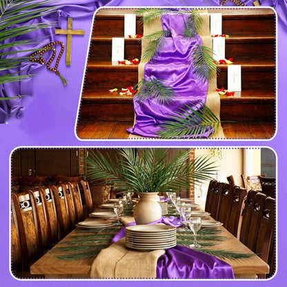 Frienda 52 Pcs Easter Communion Table Decor - 10 ft Purple Cloth Runner & 15.7 Inch Palm Leaves