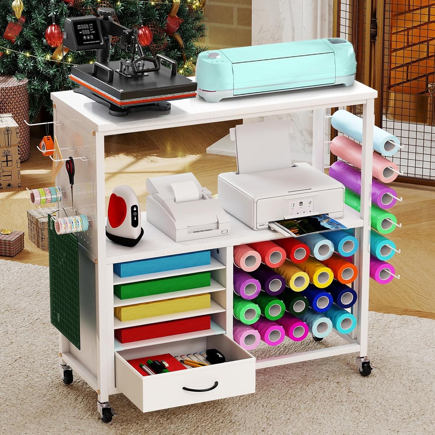 Skiennix Craft Storage Cart - Mobile Table with Vinyl Roll Holder & Drawers | Ideal for Studios & Offices