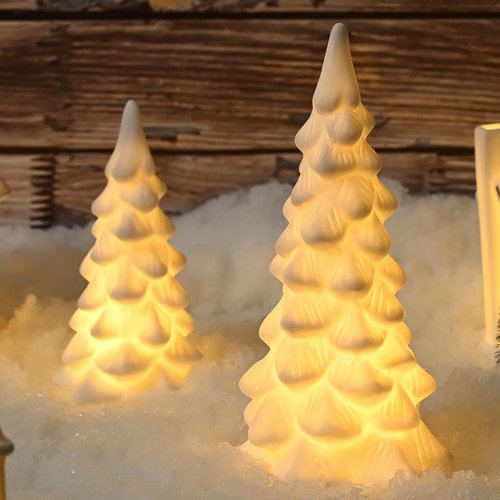 AOMOONOA White Ceramic Christmas Trees - 2Pcs Light Up Porcelain Xmas Tree Figurines for Modern Home Decor