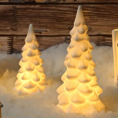 AOMOONOA White Ceramic Christmas Trees - 2Pcs Light Up Porcelain Xmas Tree Figurines for Modern Home Decor