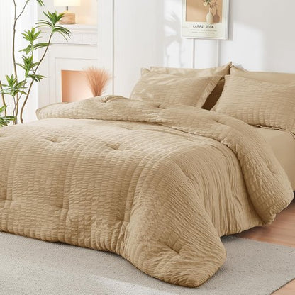 HYMOKEGE Khaki Full Size Comforter Sets Seersucker 7 Pieces, All Season Luxury Bed in a Bag for Bedroom, Bedding Set with Comforter, Sheets, Pillowcases & Shams