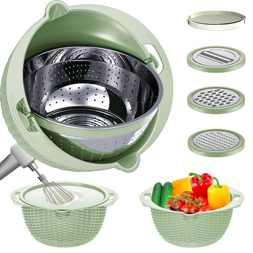 4-1 Colander with Mixing Bowl Set, Food Strainers and Colanders Set for Kitchen, Pasta Rice Strainer, Fruit and Veggie Washer, Salad Spinner, Kitchen Essentials Strainer Basket Bowl, Green